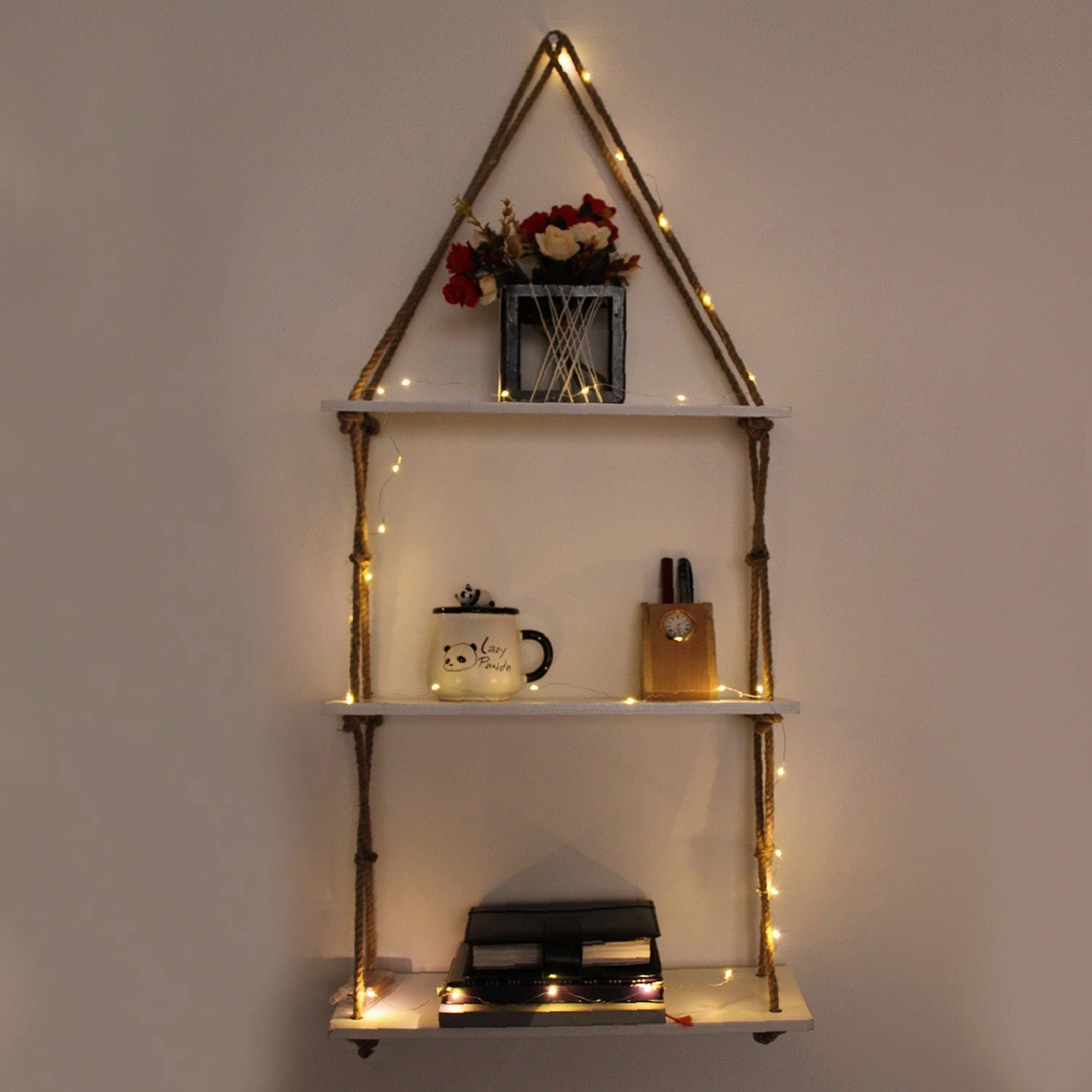 3-Tier White Wall Hanging Shelf and LED light with Jute Rope cactus succulent plant  