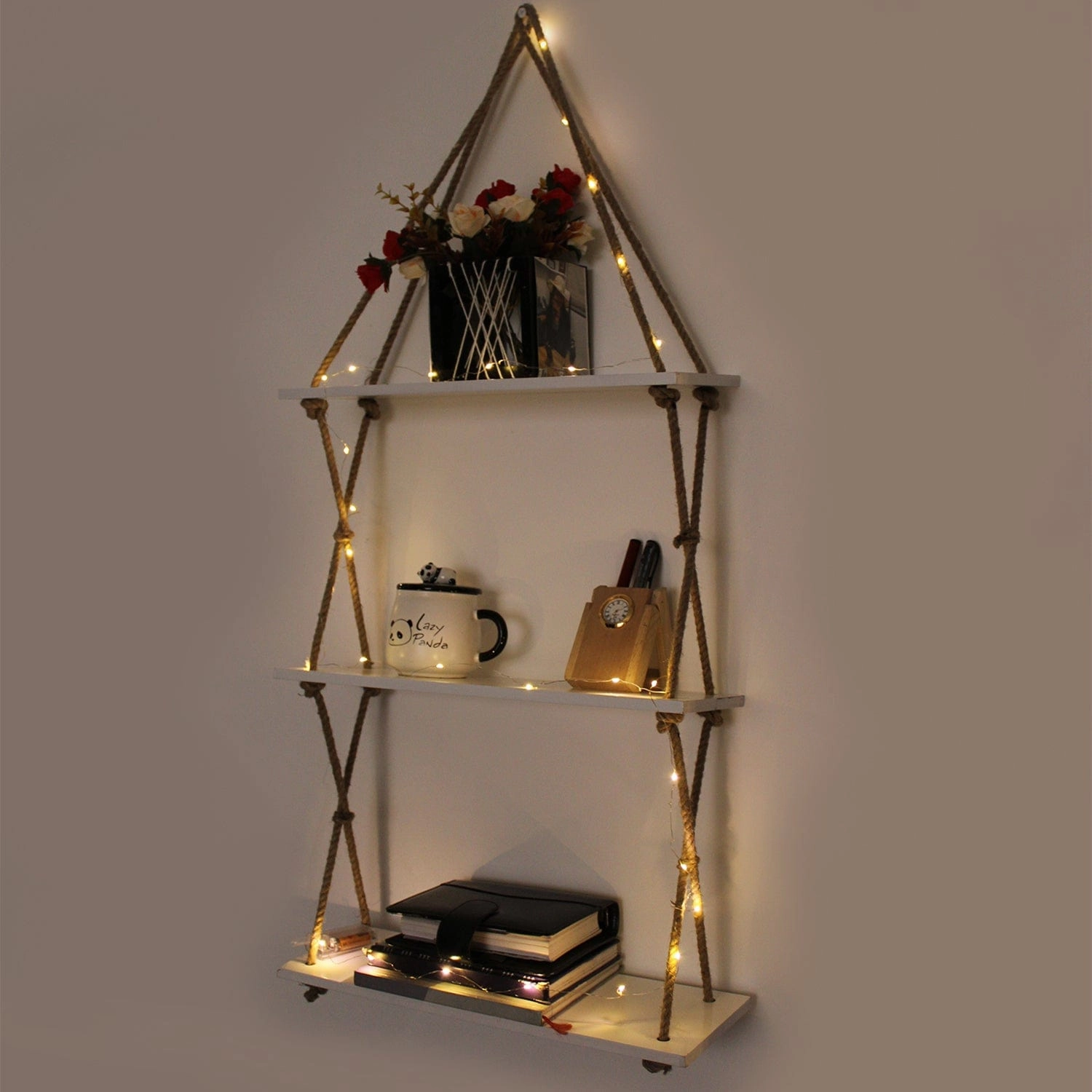 3-Tier White Wall Hanging Shelf and LED light with Jute Rope
