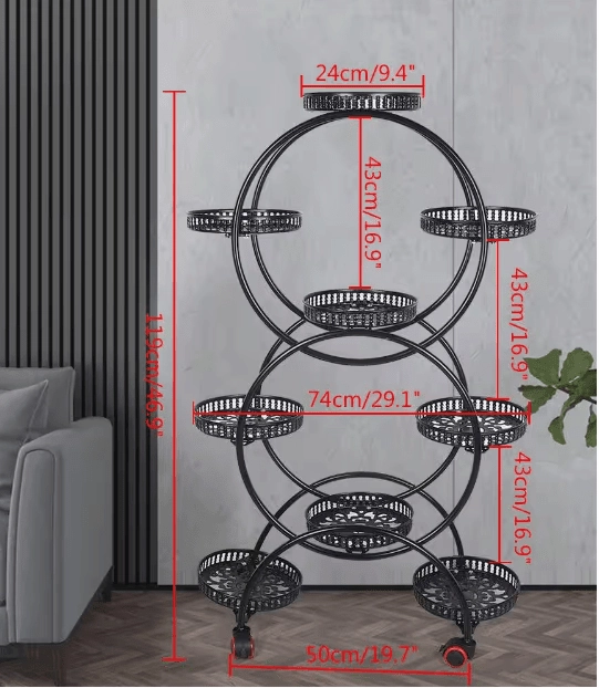 46.9 in. x 29.1 in. 9 Potted Multiple Indoor/Outdoor Black Metal Plant Stand Flower Pot Holder (6-Tier)