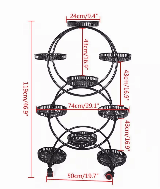 46.9 in. x 29.1 in. 9 Potted Multiple Indoor/Outdoor Black Metal Plant Stand Flower Pot Holder (6-Tier)