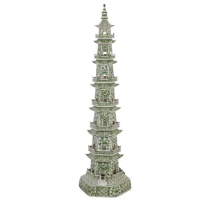 48" Porcelain Green & White 8 Layer Pagoda dried flowers  
