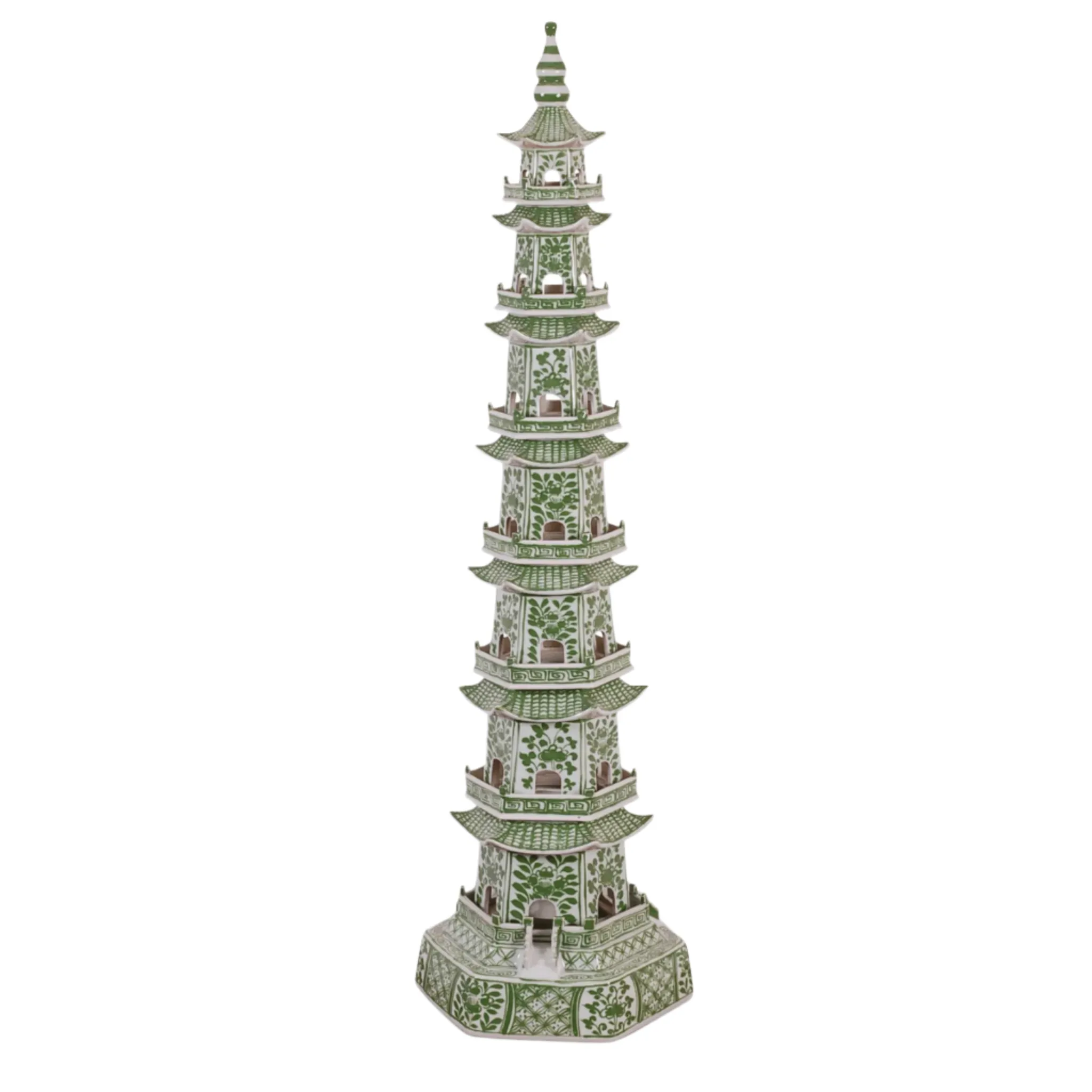 48" Porcelain Green & White 8 Layer Pagoda dried flowers  