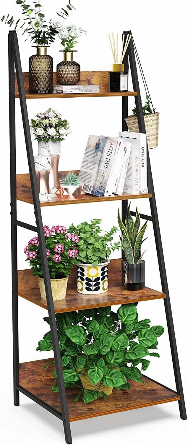 4-Tier Ladder Shelf, Wood Plant Flower Stand Storage Rack Shelf Steel Frame for Office and Home(Brown) cactus succulent plant  
