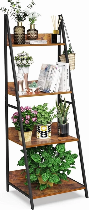 4-Tier Ladder Shelf, Wood Plant Flower Stand Storage Rack Shelf Steel Frame for Office and Home(Brown) cactus succulent plant  