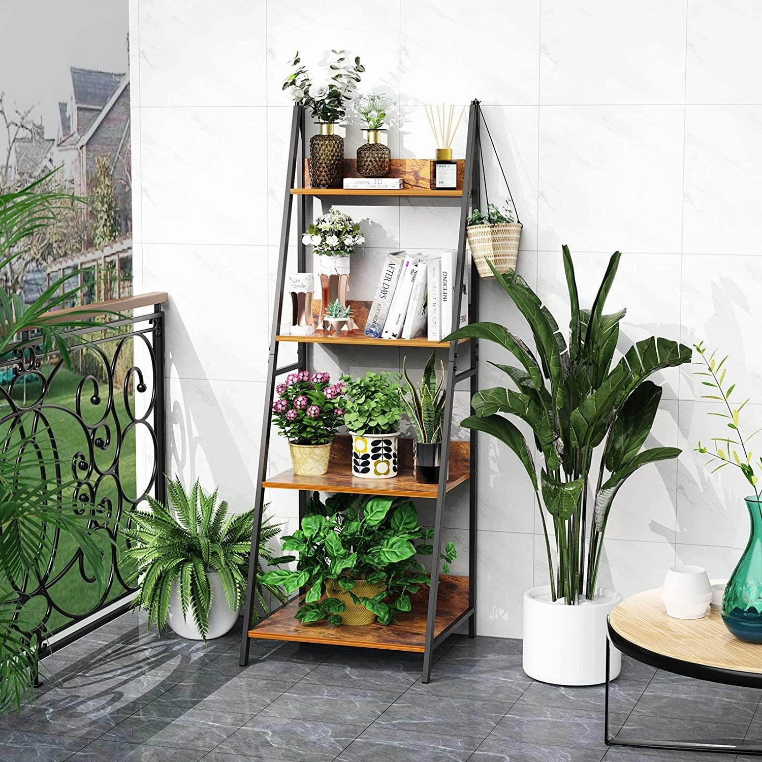 4-Tier Ladder Shelf, Wood Plant Flower Stand Storage Rack Shelf Steel Frame for Office and Home(Brown)