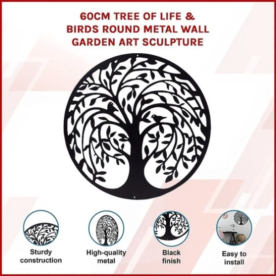 60cm Tree of Life & Birds Round Metal Wall Garden Art Sculpture V63-931321