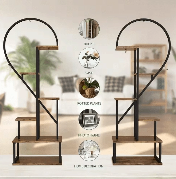 6-Tier Metal Plant Stand, Creative Half Heart Stepped Plant Stand for Home Patio Lawn Garden (2-Pack) Black