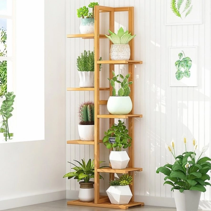 6 Tiers Vertical Bamboo Plant Stand Staged Flower Shelf Rack Outdoor Garden V63-837941