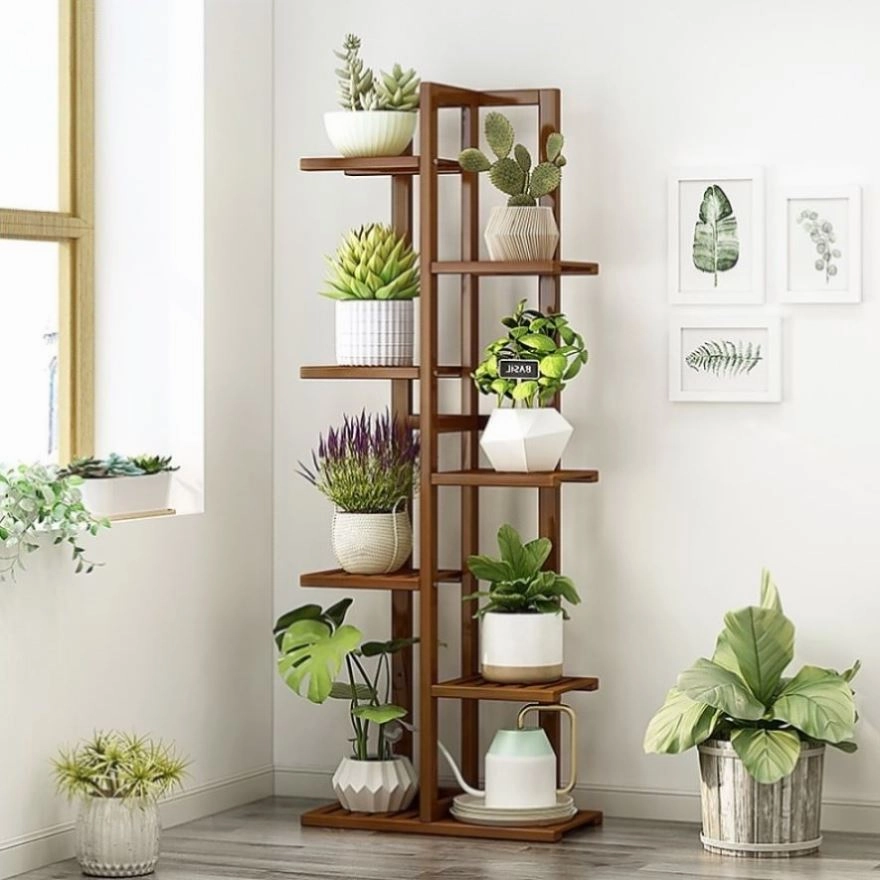 6 Tiers Vertical Bamboo Plant Stand Staged Flower Shelf Rack Outdoor Garden V63-837951