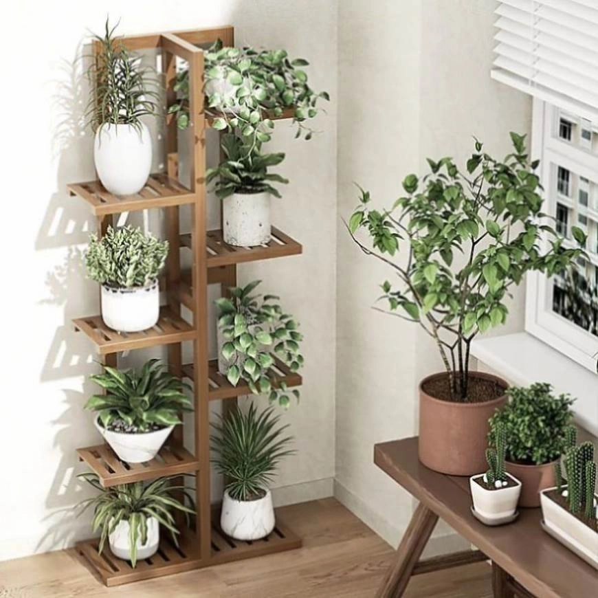 6 Tiers Vertical Bamboo Plant Stand Staged Flower Shelf Rack Outdoor Garden V63-837951