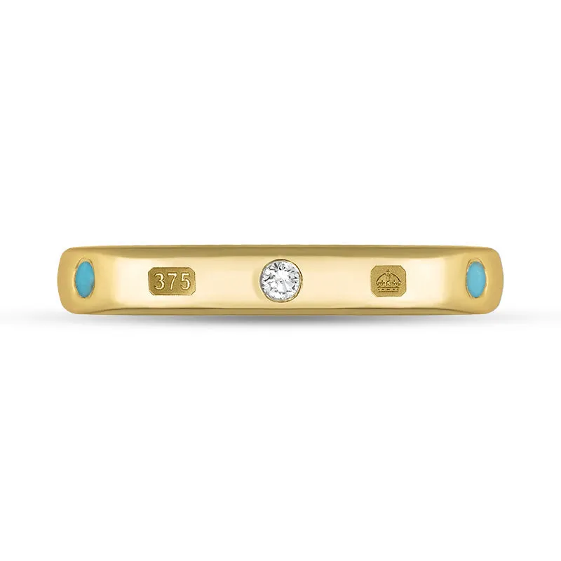 9ct Yellow Gold Turquoise 0.09ct Diamond Queen's Jubilee Hallmark 6mm Ring D