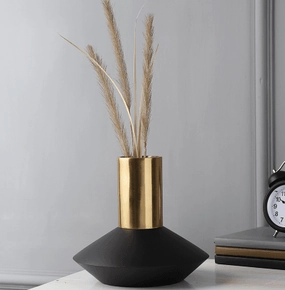 "Short Deidra Vase" Matt Gold &  Black wood outdoor greenery  
