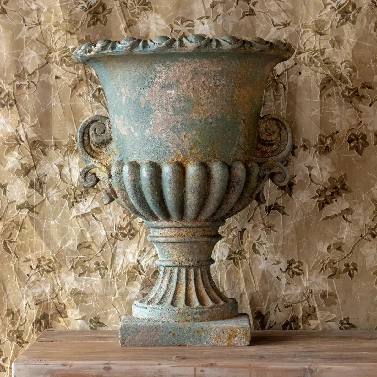Aged Green Mantel Urn Set dried flowers  