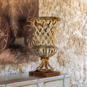 Aged Metal Lattice Urn dried flowers  