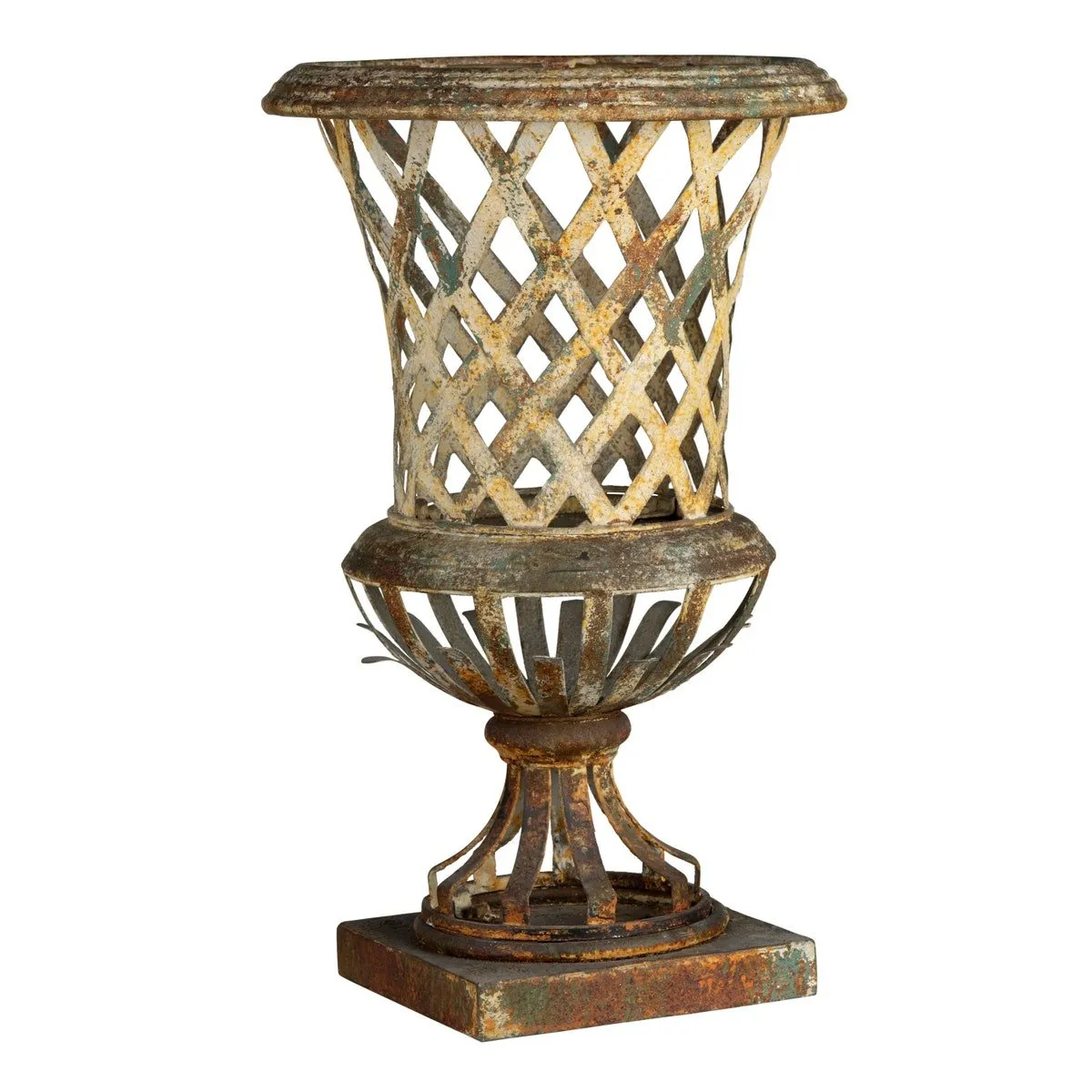 Aged Metal Lattice Urn
