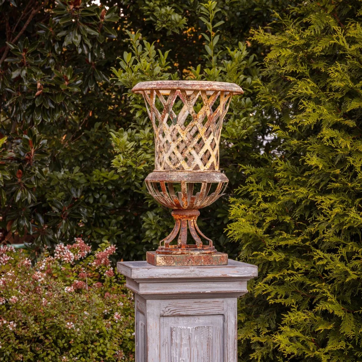Aged Metal Lattice Urn
