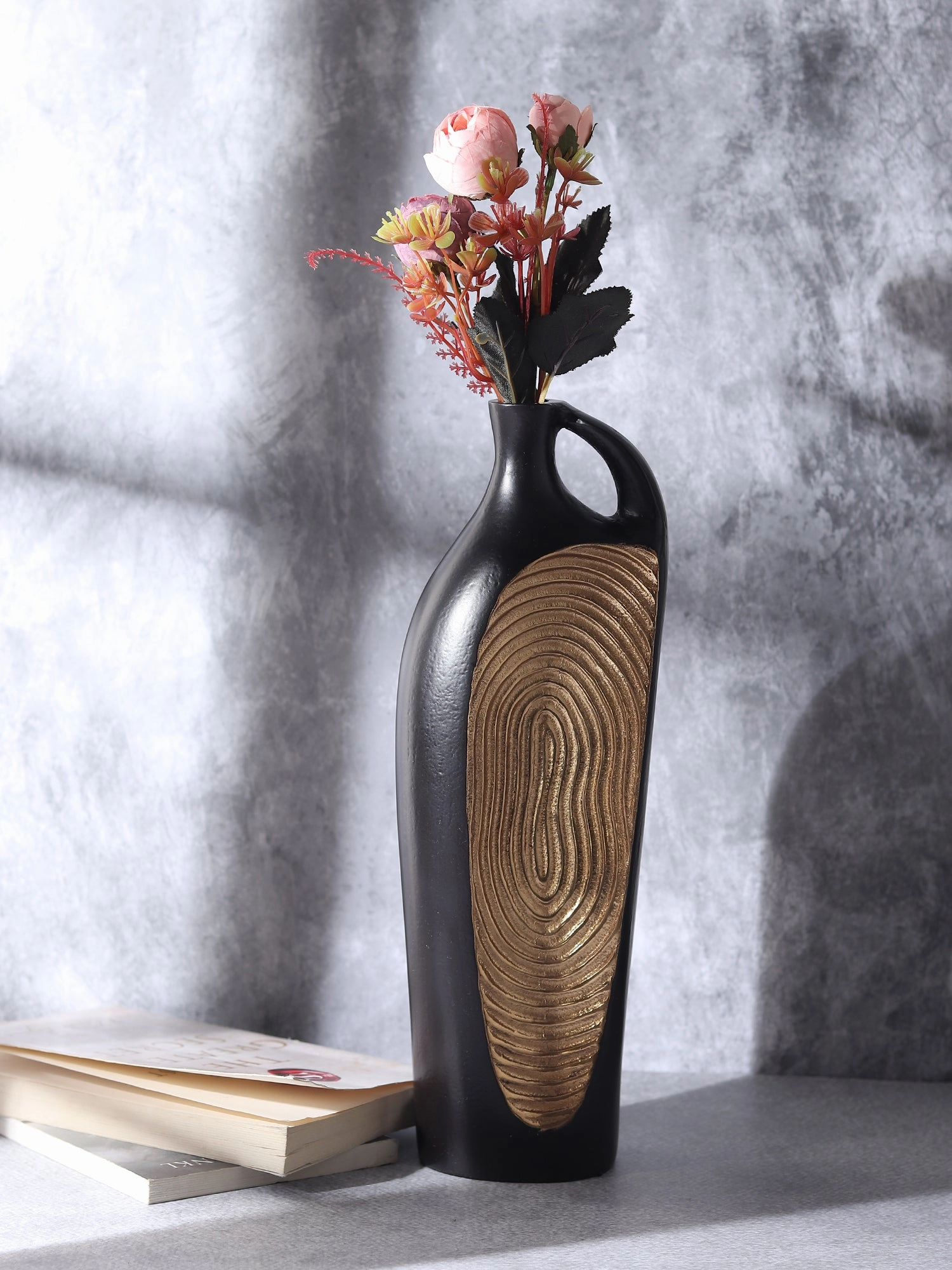Alloy Art Vase in Black Gold outdoor greenery  