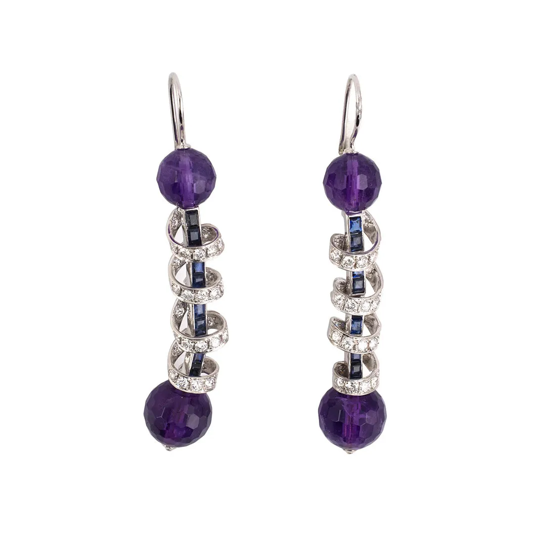 Amethyst, Diamond & Sapphire Barber Pole Dangle Earrings