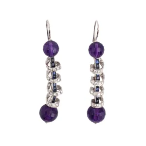 Amethyst, Diamond & Sapphire Barber Pole Dangle Earrings