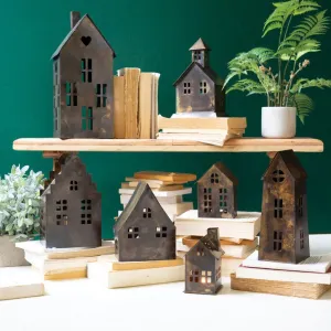Antiqued Brown Metal Village Set dried flowers  
