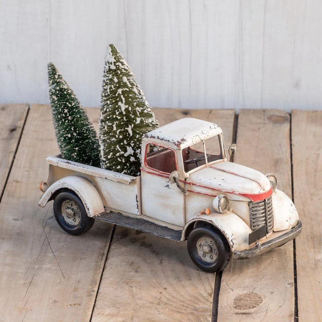 Antiqued White Metal Truck With Red Trim dried flowers  