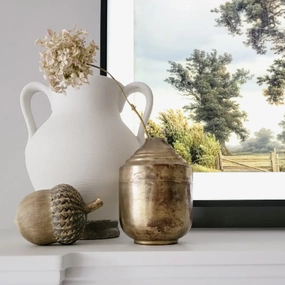 Antiqued Gold Metal Bud Vase outdoor greenery  
