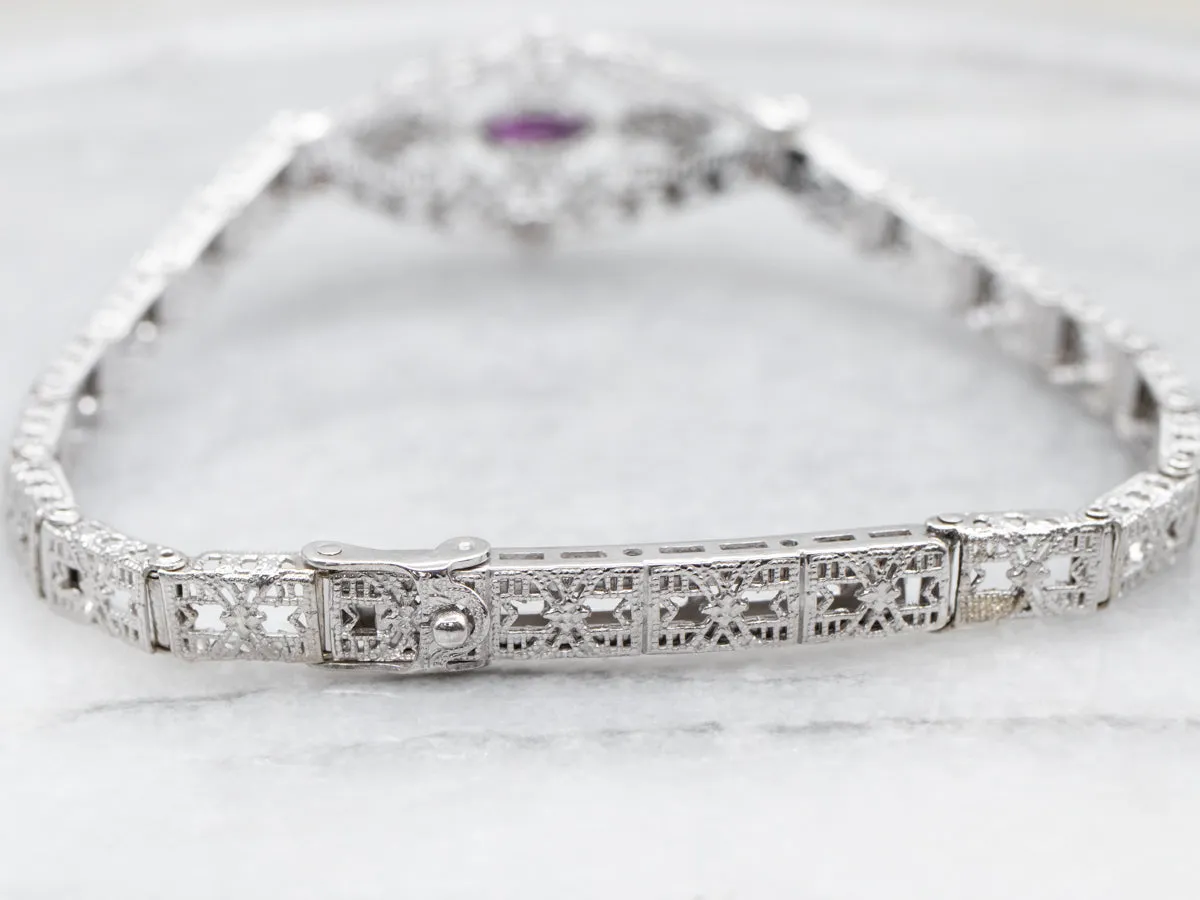 Art Deco Rhodolite Garnet and Diamond Filigree Bracelet