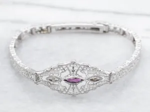 Art Deco Rhodolite Garnet and Diamond Filigree Bracelet