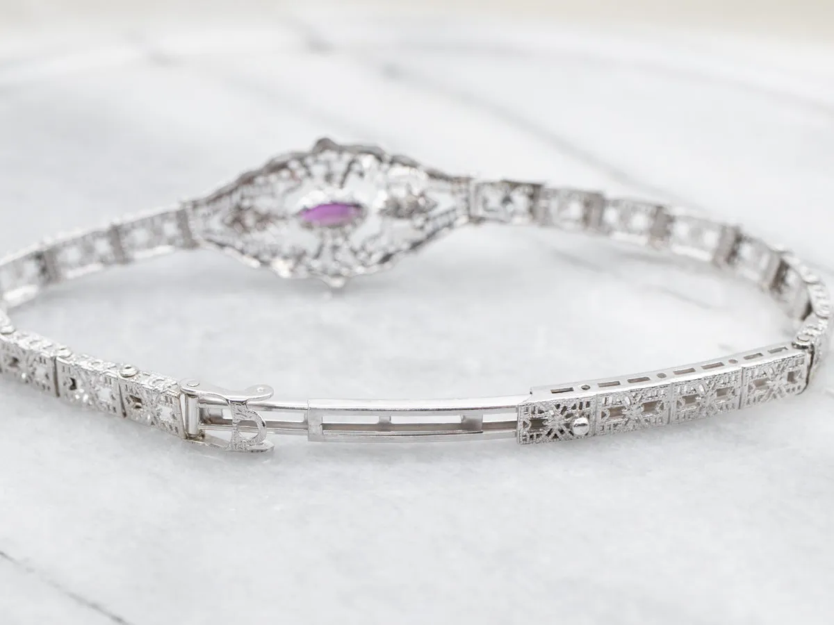 Art Deco Rhodolite Garnet and Diamond Filigree Bracelet