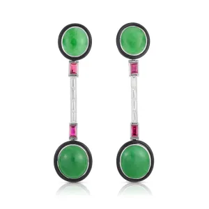 Art Deco Round Jade, Diamond & Ruby Earrings