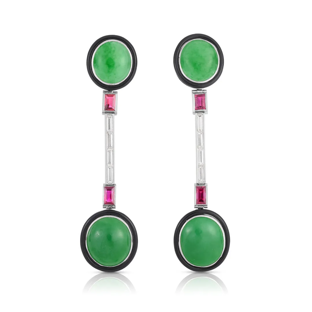 Art Deco Round Jade, Diamond & Ruby Earrings