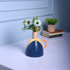 Asymmetrical Elegance - Blue & Yellow Vase dried green plant  