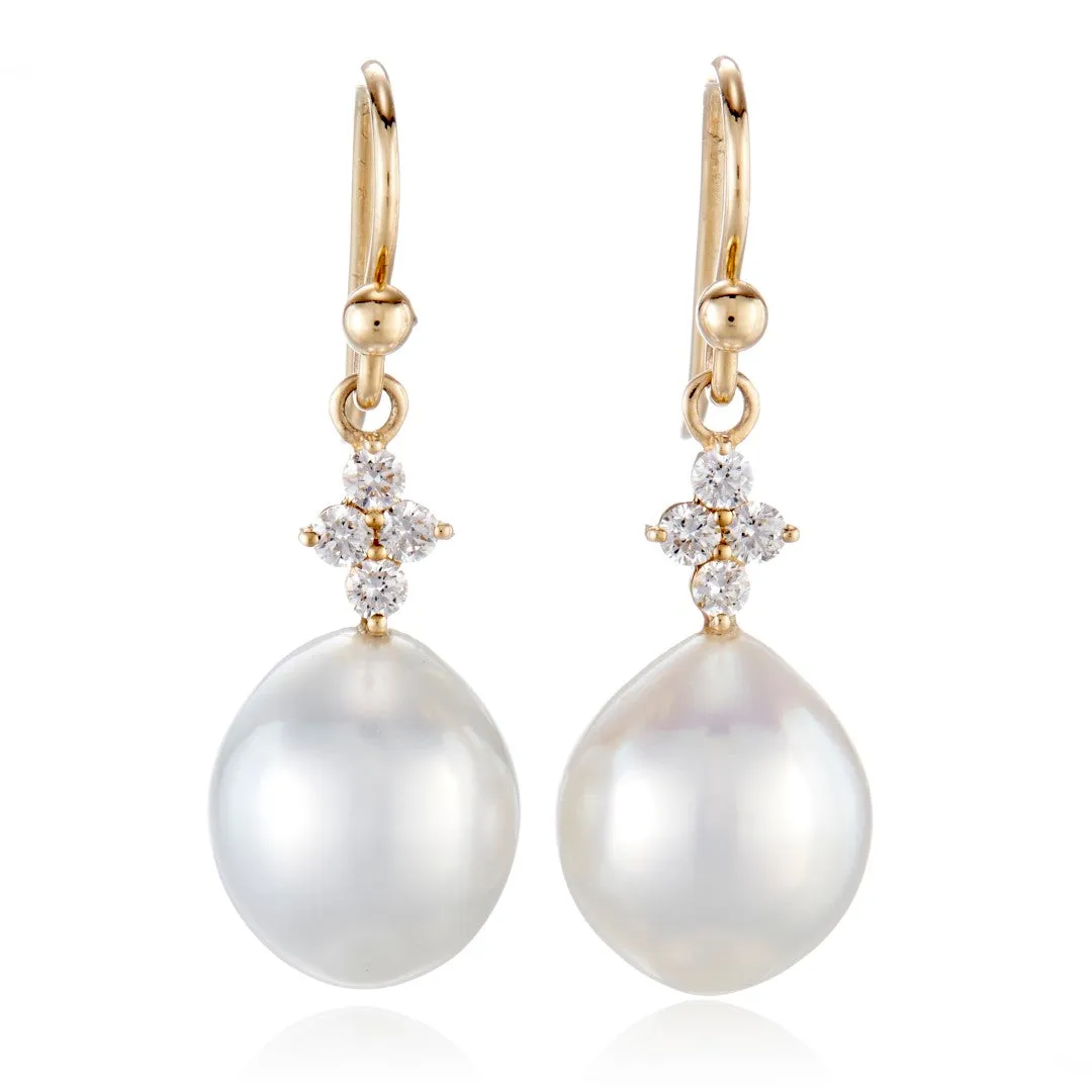 Belgravia Drop Earrings in 10mm South Sea Pearls & Diamonds