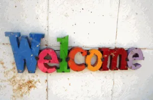 Bight & Colorful Welcome Sign 47" Long x 12" Tall decorative plants  