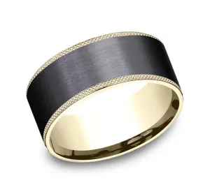 Black Titanium And 14K Yellow Gold ??The Rogue?? Satin Finish Knurl Edges 9mm Wedding Band