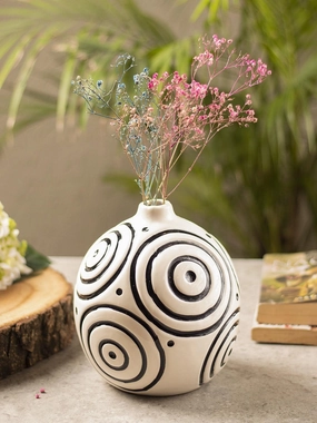 Black & White Ceramic Round Vase - Cuircular Pattern, Flower Holder dried green plant  