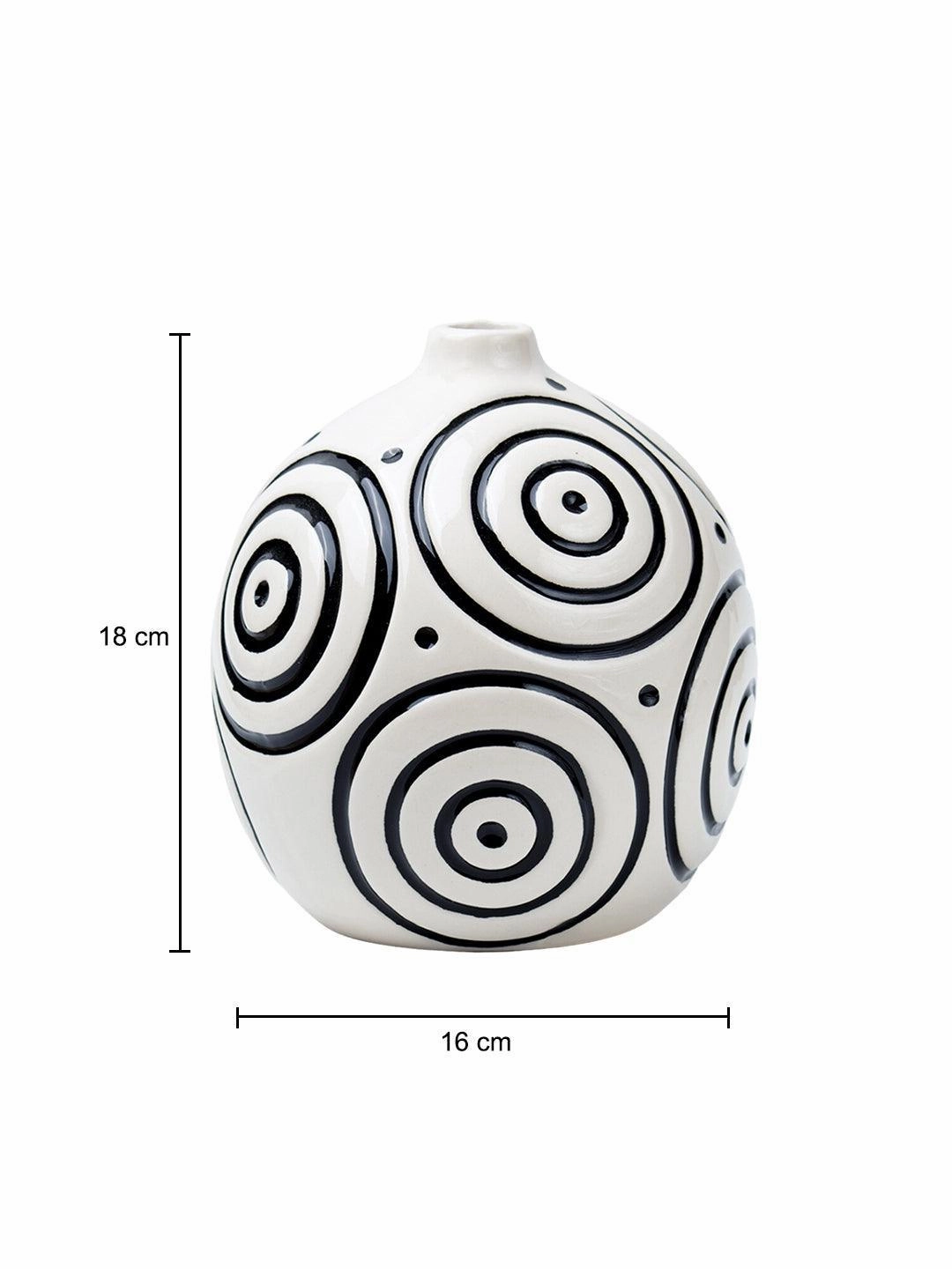 Black & White Ceramic Round Vase - Cuircular Pattern, Flower Holder