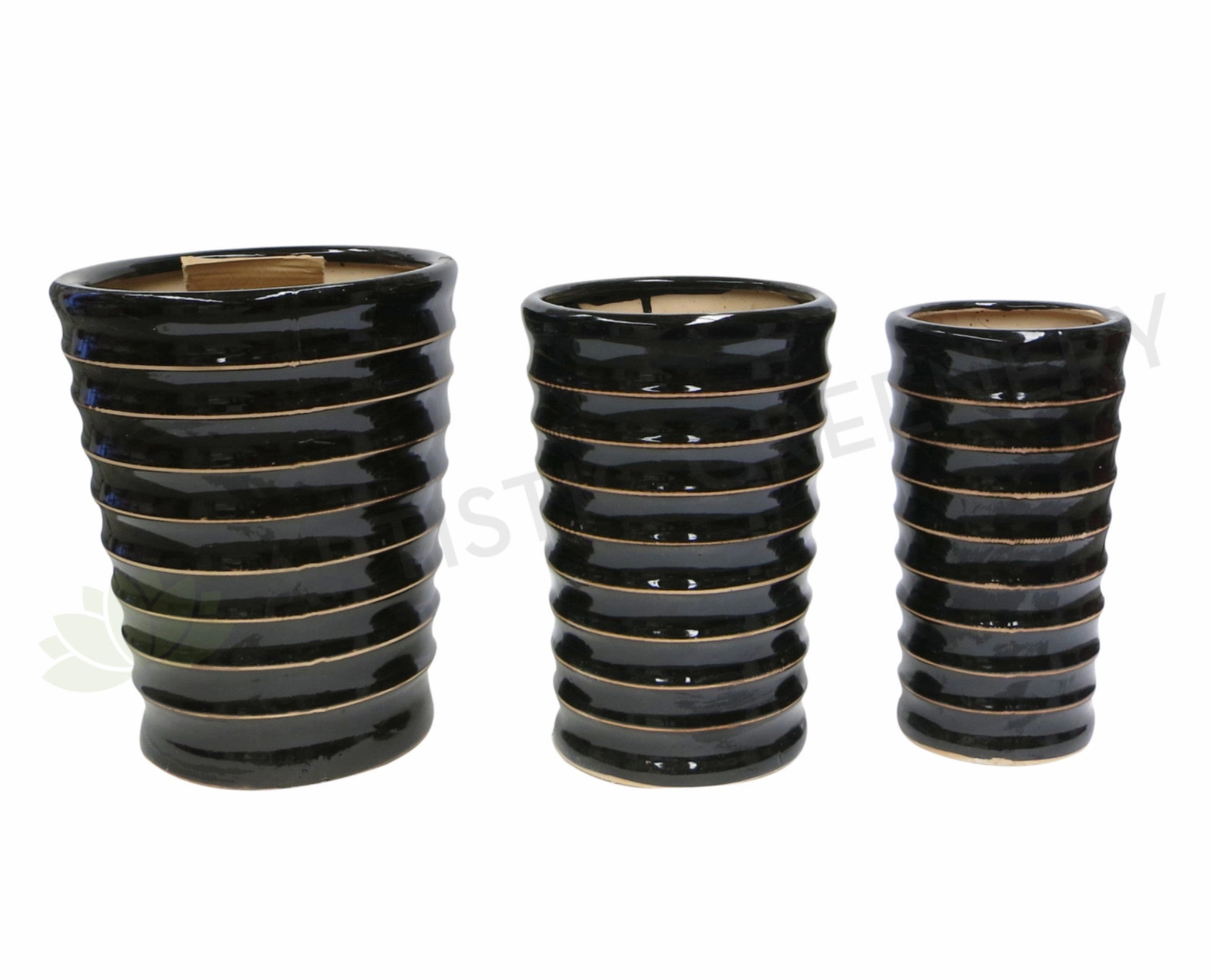 Black With Gold Ribbed Trim - Round (Ceramic) CER0011 outdoor greenery  