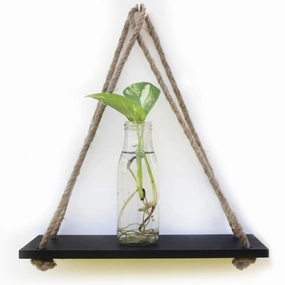 Black Wood 1 Layer Wall Floating Wall Shelf With Rope cactus succulent plant  