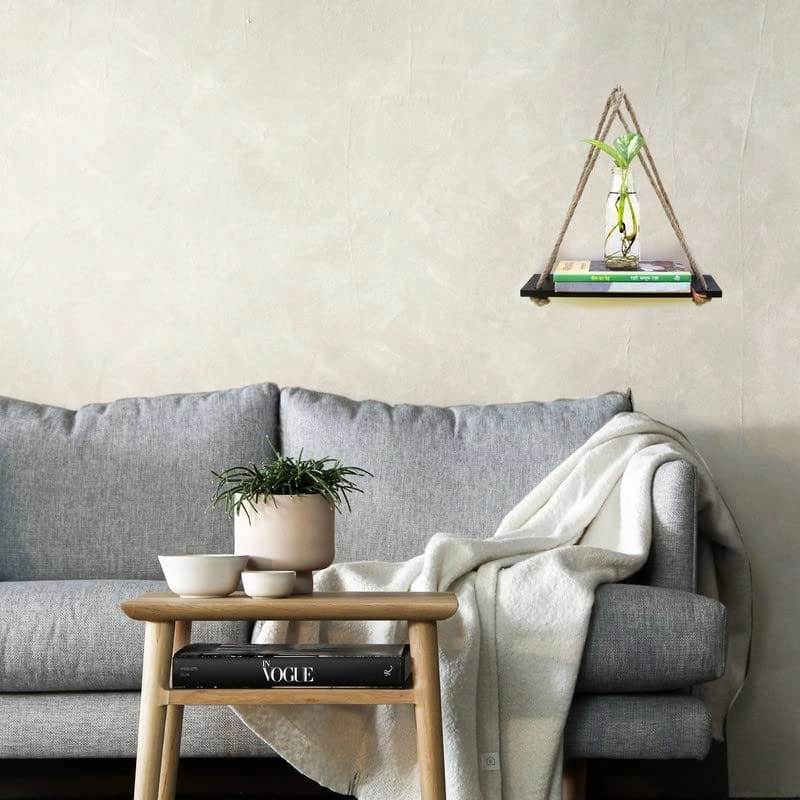 Black Wood 1 Layer Wall Floating Wall Shelf With Rope