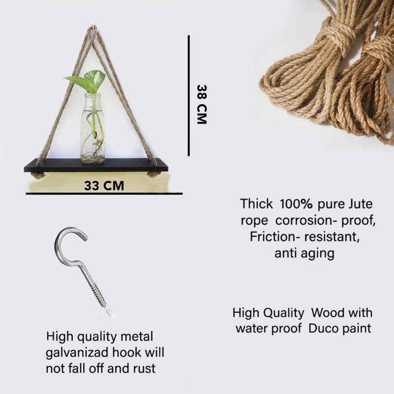 Black Wood 1 Layer Wall Floating Wall Shelf With Rope