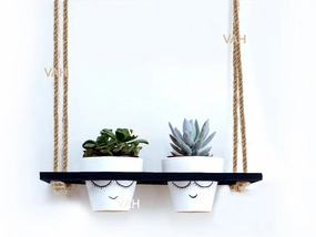 Black Wooden Planter Shelf Hanger Rack with Rope For 2 Pot cactus succulent plant  