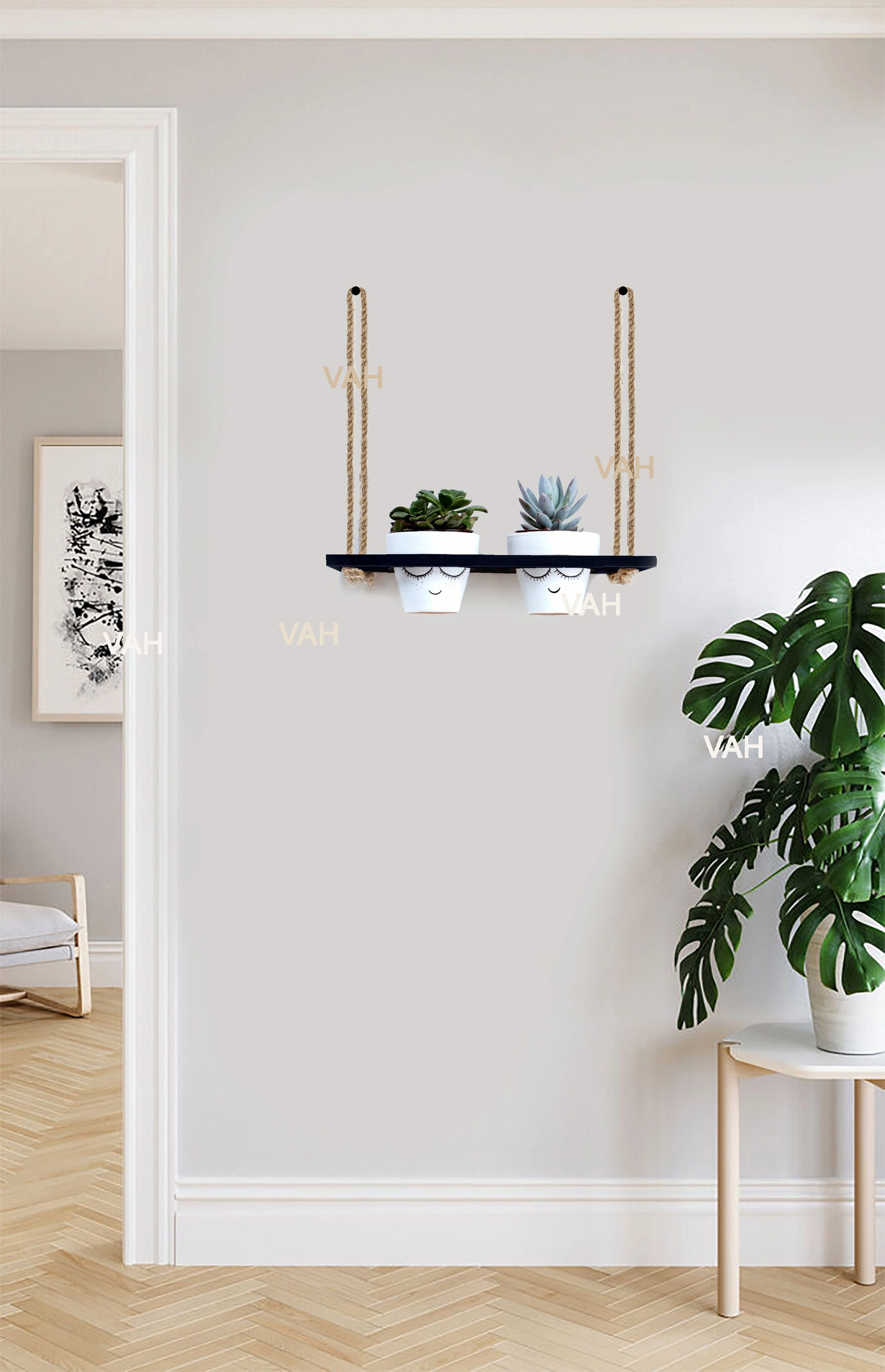Black Wooden Planter Shelf Hanger Rack with Rope For 2 Pot