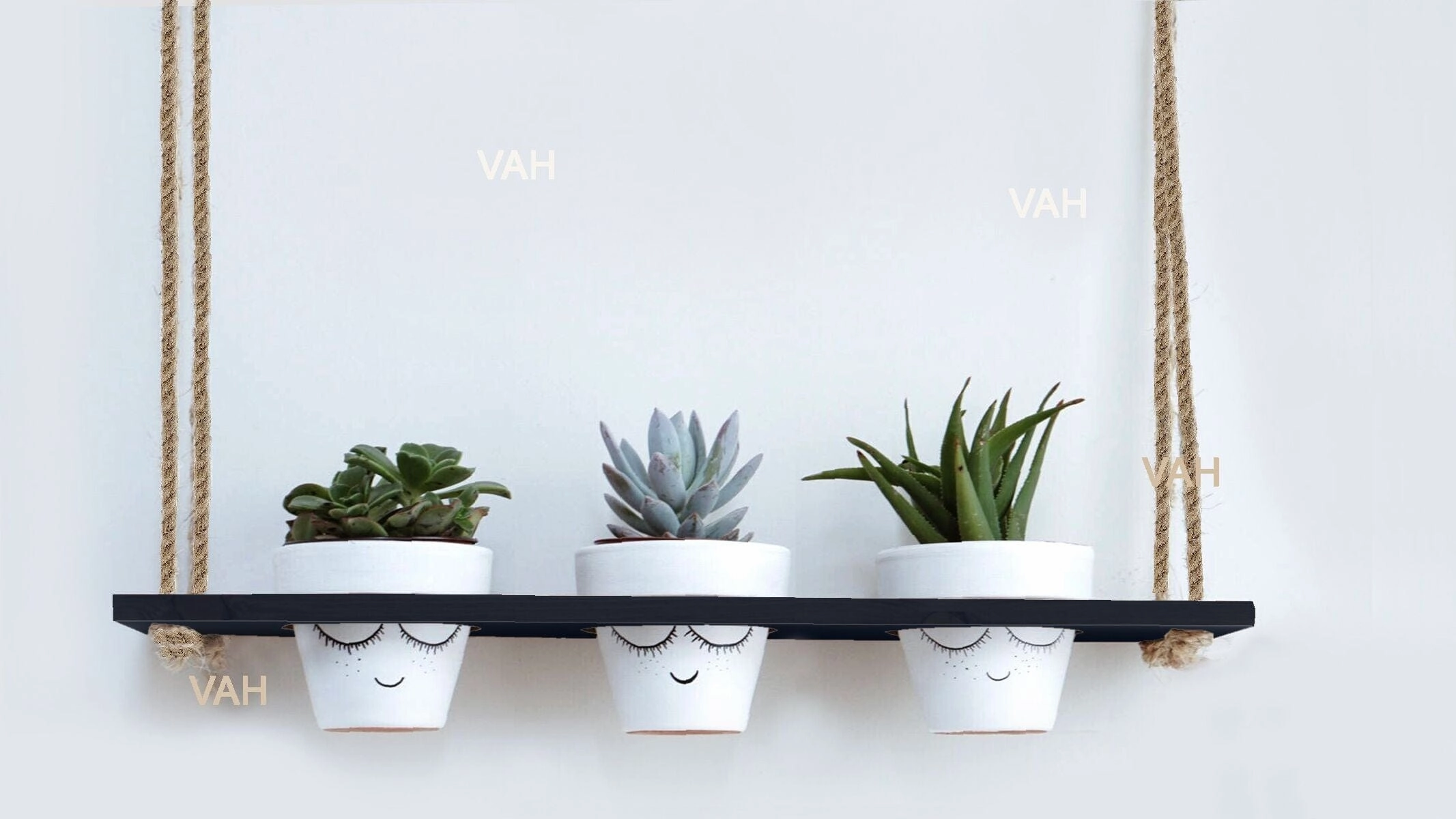 Black Wooden Planter Shelf Hanger Rack with Rope For 3 Pot cactus succulent plant  