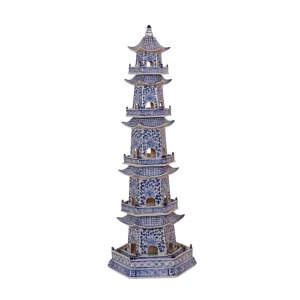 Blue & White Porcelain 5 Tier Decorative Pagoda Statue dried flowers  