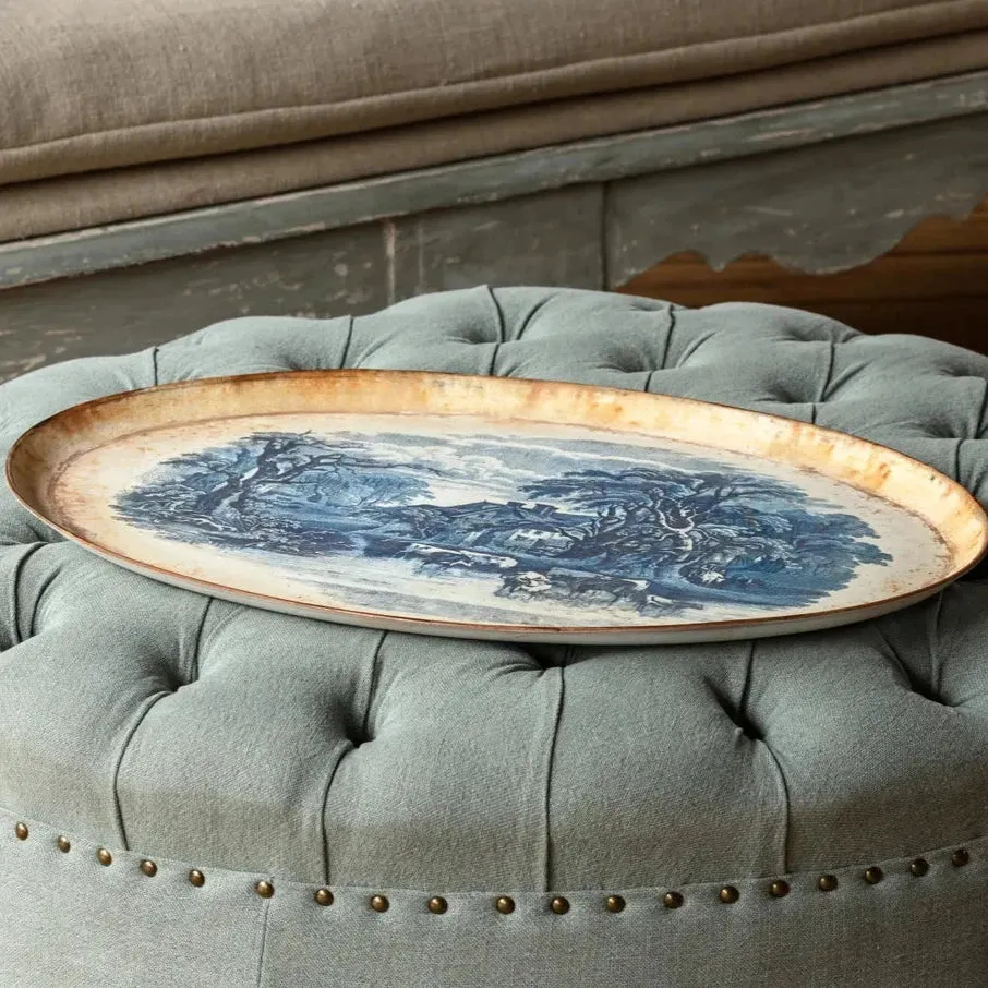 Blue Pastoral Oblong Tole Tray dried flowers  