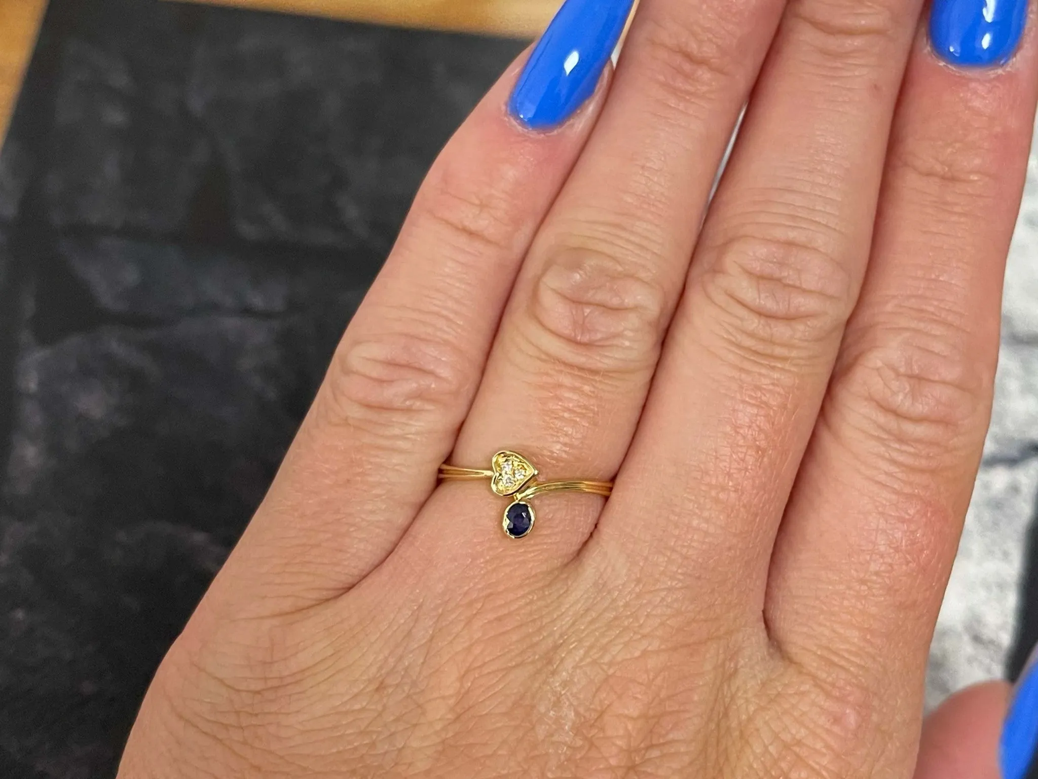 Blue Sapphire and Diamond Heart Ring in 14k Yellow Gold