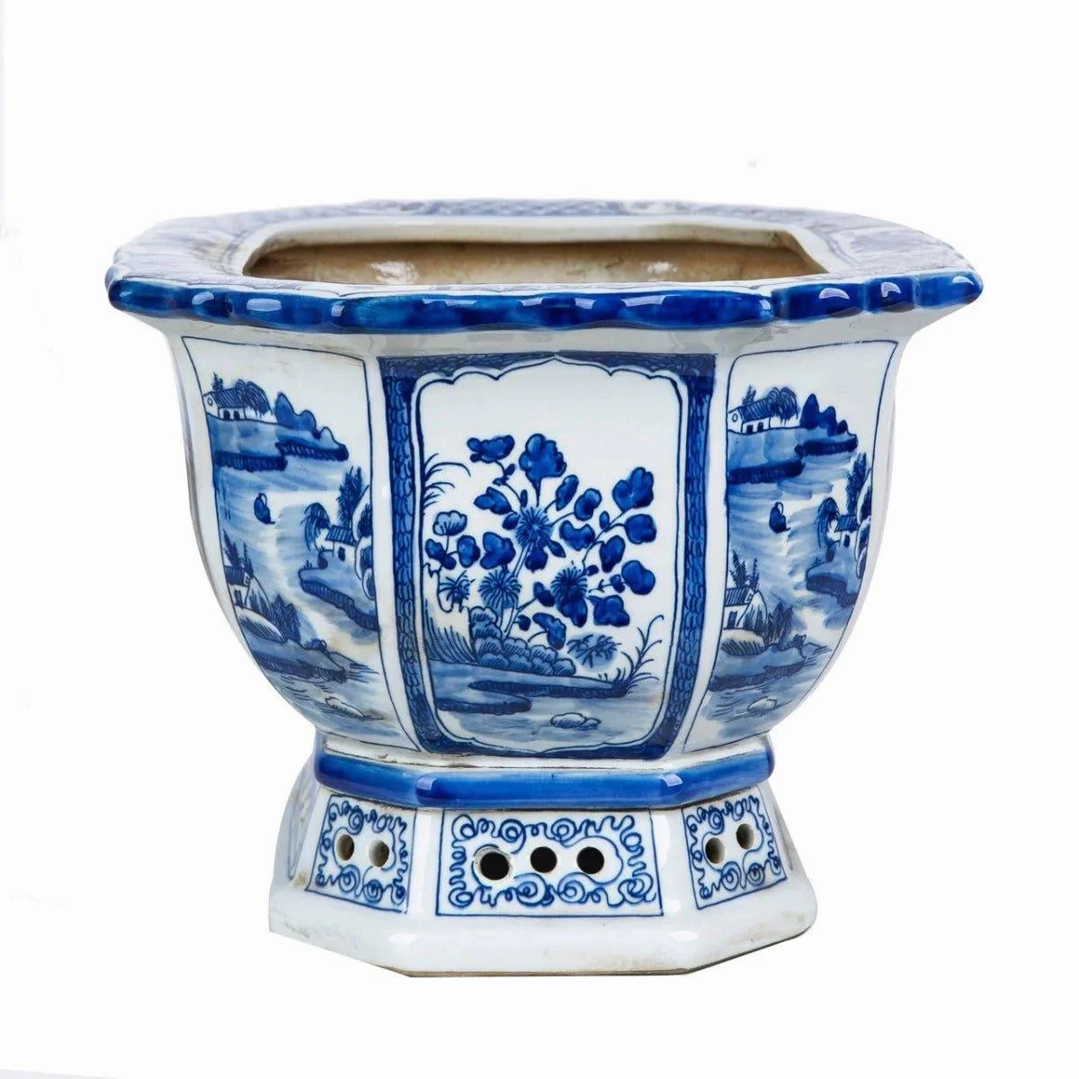 Blue and White Floral Bird Motif Porcelain Octagonal Planter