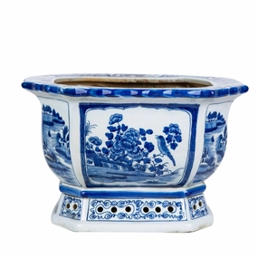 Blue and White Floral Bird Motif Porcelain Octagonal Planter plant seeds  