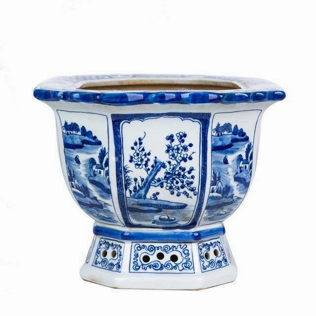 Blue and White Floral Bird Motif Porcelain Octagonal Planter